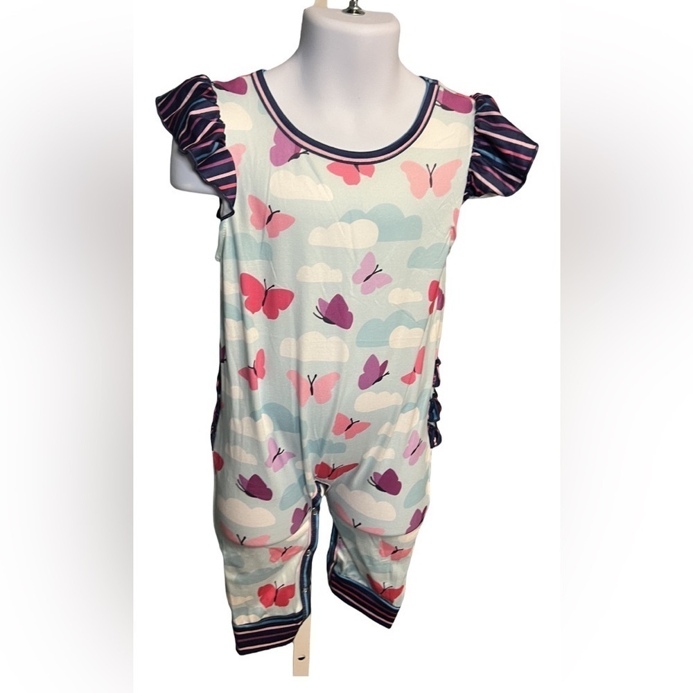 Pete & Lucy Butterfly and Clouds Short Sleeve Pant Romper with Ruffle Backside